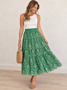 PINCH Green Embroidered Floral A-Line Midi Skirt 100% Cotton M
